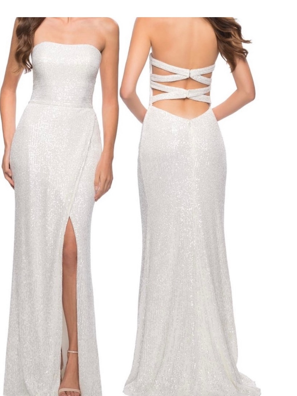La Femme Strapless White Sequin Evening Gown